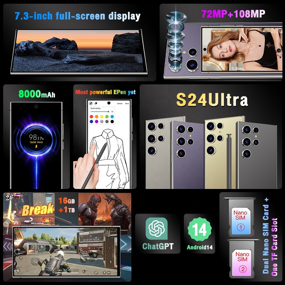 Europe Hot sale S24 Ultra Android 14 5G unlocked cell phone 7.3 inch 16GB+1TB Dual Sim 4G5G Gaming smart Mobile phones